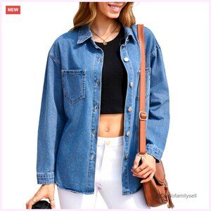 Oversized Denim Shacket Long Sleeve Button Down Casual Jacket Women's
